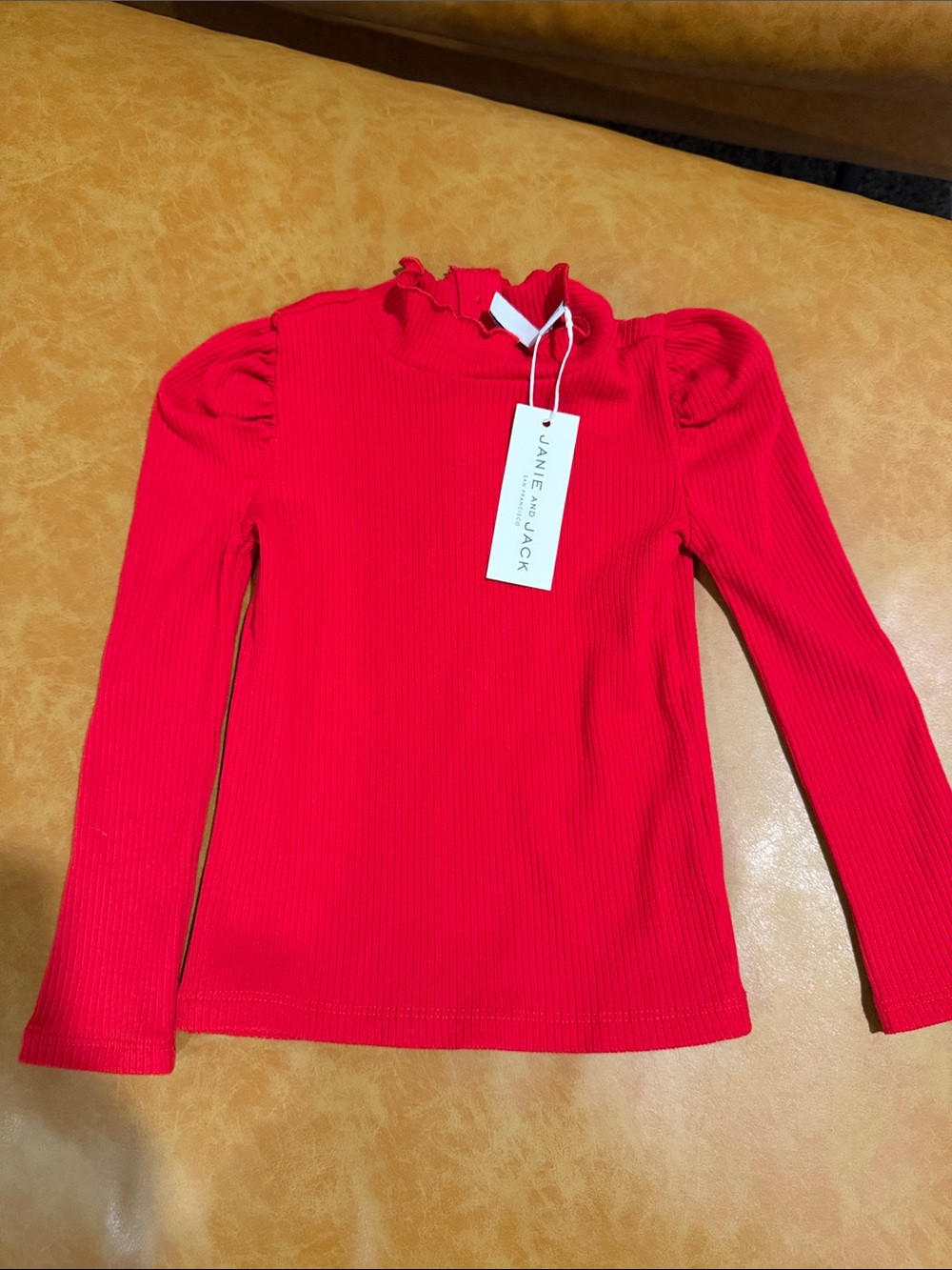 Janie and Jack Bright Red Ribbed Long-Sleeve Mock Ruffle Top